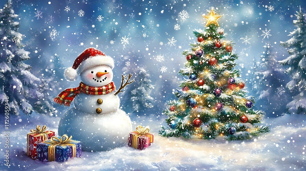 Obraz premium A cheerful holiday design with Christmas greetings, sparkling snowflakes, and ample space for advertisements or announcements