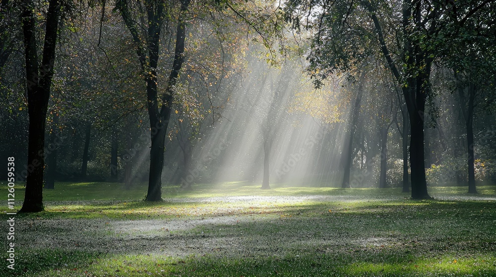 Fototapeta premium Serene Sunlight Filtering Through Trees in a Tranquil Park with Soft Mist and Lush Green Grass, Inviting Peaceful Nature Experience, Perfect for Outdoor Relaxation