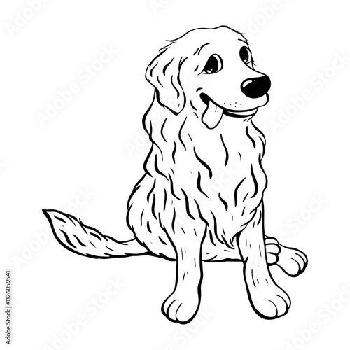 A cheerful and happy Golden Retriever dog is sitting playfully with a joyful expression.Vector sketch illustration. Pet shop