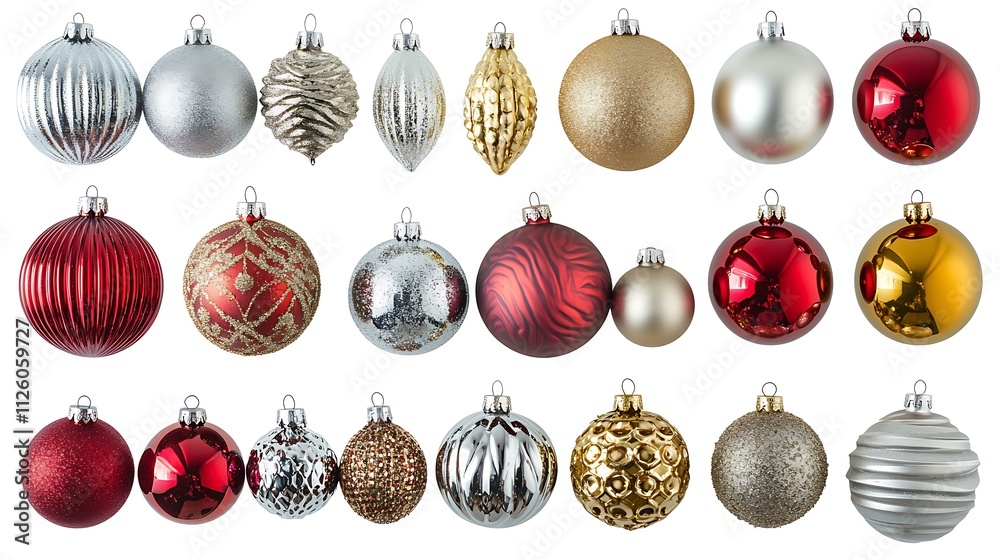 A collection of colorful Christmas and New Year decorations featuring glossy baubles in red, gold, and silver, isolated on a white background A collection of colorful Christmas and New Year decorations featuring glossy baubles in red, gold, and silver, isolated on a white background