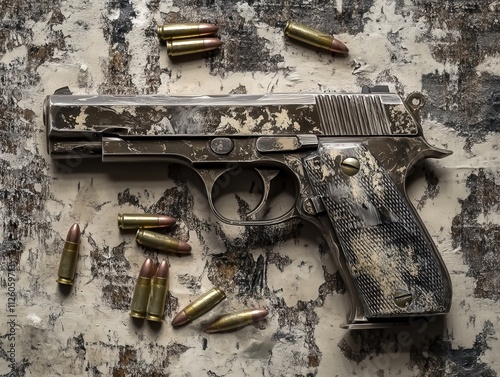 detailed view of a vintage handgun with ammunition on a textured surface photo