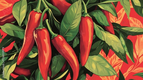 Vibrant Red Chili Peppers Hanging on Branch, Lush Green Leaves, Red Background