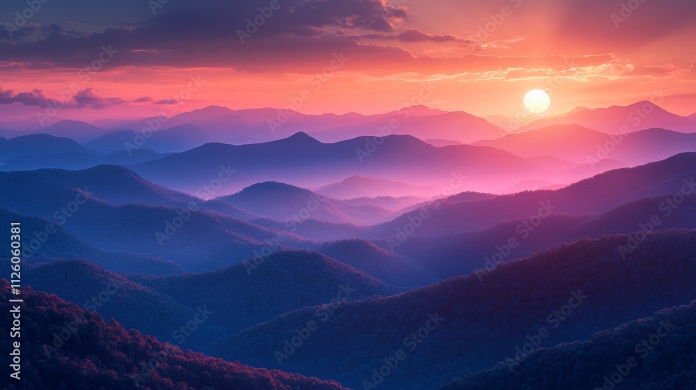 Fototapeta premium Scenic View of Blue Ridge Mountains at Sunset With Vibrant Sky Rolling Hills Covered in Autumn Colors