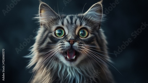 Gray, Brown, White American Shorthair Cat With Striking Eyes Sitting Against a Dark Background Highlighting Elegance Charm