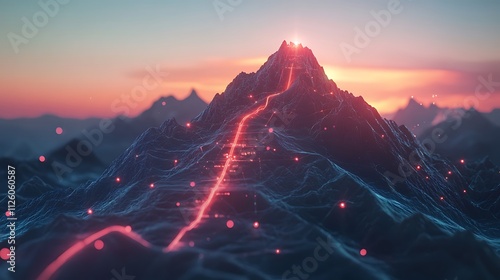 Glowing path on a majestic mountain peak at sunset.