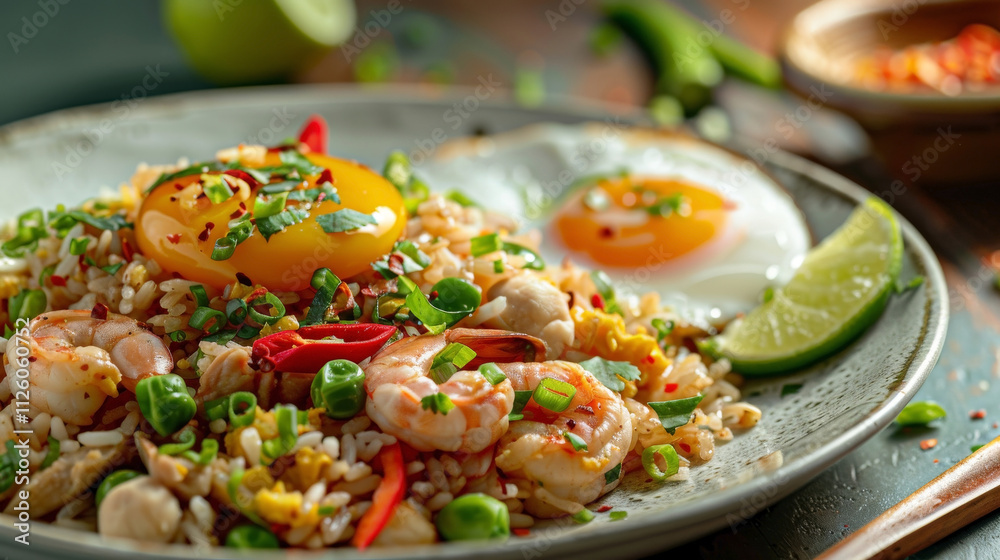 Close-up of Nasi Goreng, featuring perfectly cooked fried rice with vegetables, chicken, shrimp, a sunny-side-up egg, green onions, and a slice of lime. Close-up of Nasi Goreng, featuring perfectly cooked fried rice with vegetables, chicken, shrimp, a sunny-side-up egg, green onions, and a slice of lime.