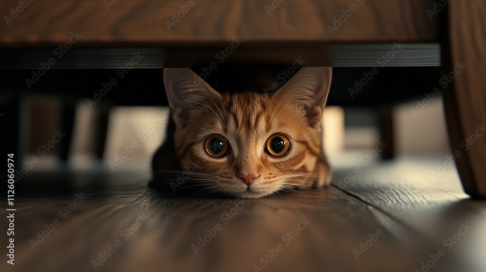 Cat Peeking Out From Under Wooden Furniture in Warm Home Setting Creating Playful Cozy Atmosphere Cat Peeking Out From Under Wooden Furniture in Warm Home Setting Creating Playful Cozy Atmosphere