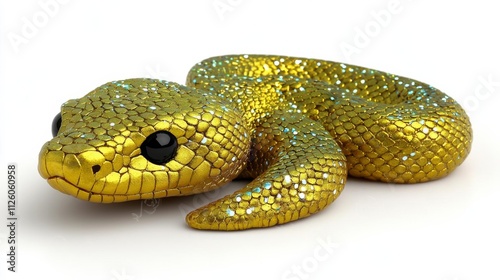 hyper realistic photo of  Playful Gold Snake Slithers Through Metallic 2025 Text on White Background , isolated on white background,  , copy space, copy space for text, photo