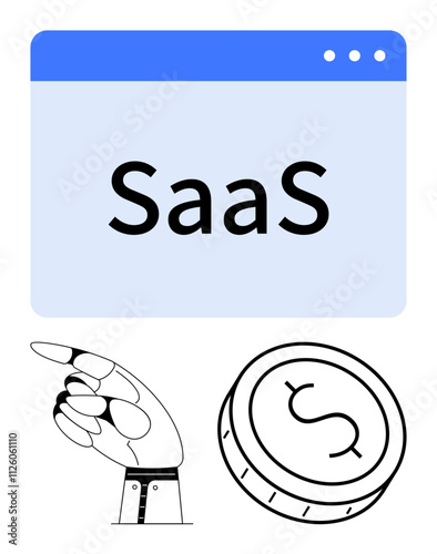 Browser window labeled SaaS above a robotic hand pointing towards a dollar coin. Ideal for software services, digital business, automation, technology, finance, innovation, marketing. Line metaphor