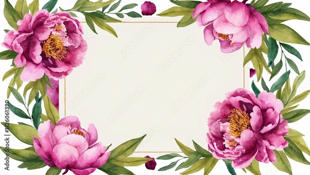 Fototapeta premium Watercolor peonies and leaves, painted delicately, encase a blank space, suitable for Mother's Day cards or invitations, celebrating affection and thankfulness.