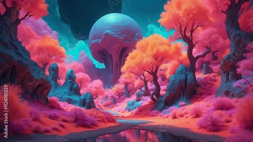 Abstract 3D Painting Background Wallpaper with Surreal Infrared Tones in Isekai Anime Style