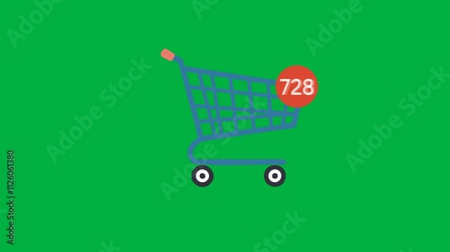 Animation shopping cart and number tag 0 until 999. 4K video green screen. Add more item. E-Commerce concept.
