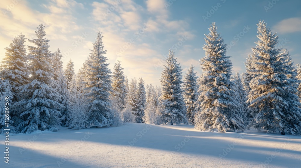 Winter Landscape with Snow-Covered Trees Soft Sunlight Creating a Peaceful Scenic Scene Winter Landscape with Snow-Covered Trees Soft Sunlight Creating a Peaceful Scenic Scene