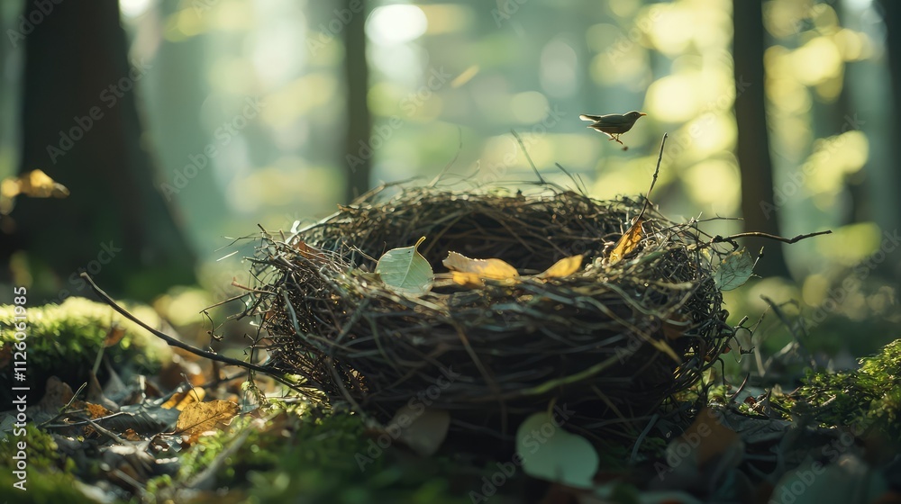 Nest Made from Twigs and Leaves, Surrounded by Soft Green Moss in a Sunlit Forest, Symbolizing Abandonment, Nature's Beauty, and Serenity in Autumn Nest Made from Twigs and Leaves, Surrounded by Soft Green Moss in a Sunlit Forest, Symbolizing Abandonment, Nature's Beauty, and Serenity in Autumn