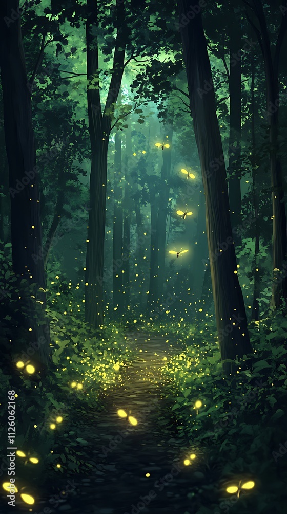 Obraz premium Enchanting firefly path in a mystical forest.