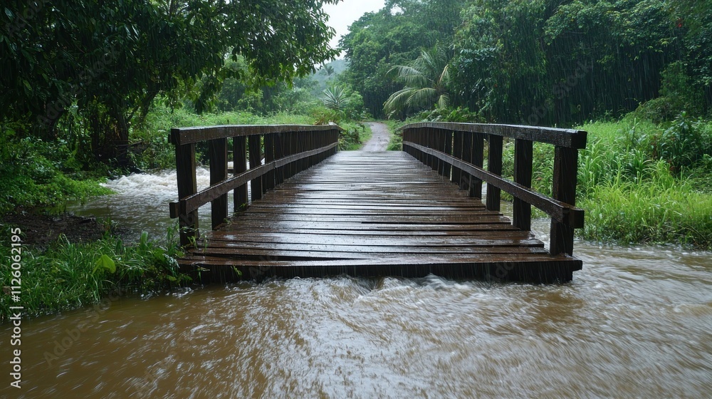 Wooden footbridge over a flooded stream in a lush green rainforest after heavy rainfall. Wooden footbridge over a flooded stream in a lush green rainforest after heavy rainfall.