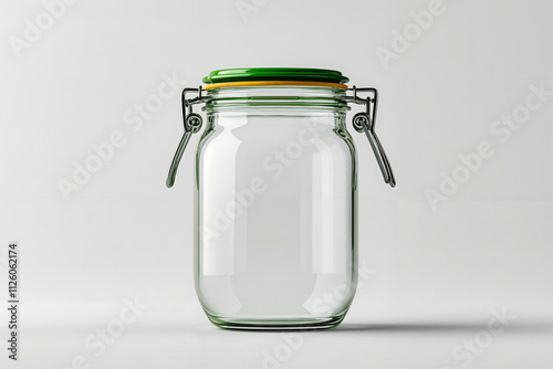 A glass jar with a green lid on a white surface photo