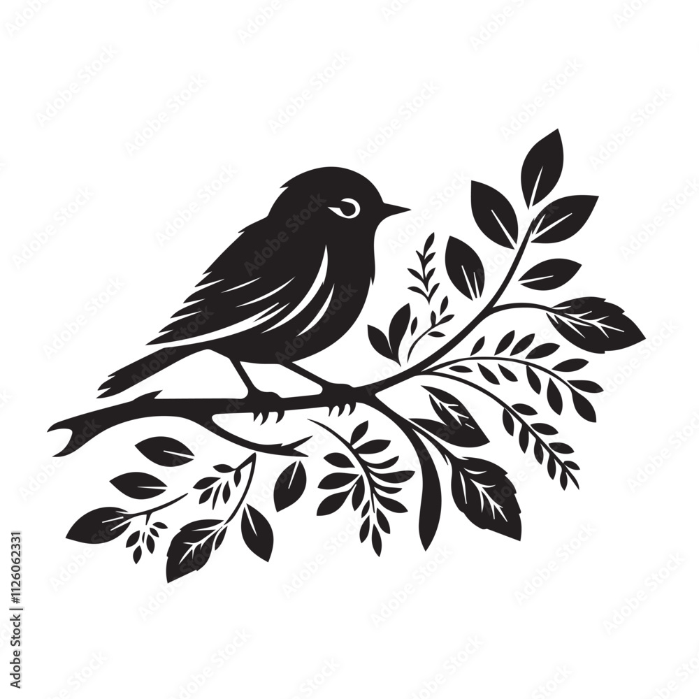 Bird sitting on a branch with leaves outline Silhouette Vector illustration Bird sitting on a branch with leaves outline Silhouette Vector illustration