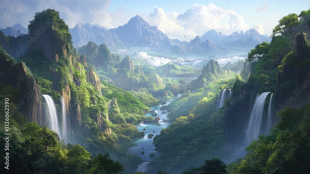 Naklejka premium Serene Waterfall Valley in a Fantasy Landscape