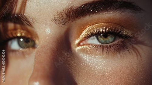 photorealistic minimalistic bold metallic eyeliner framing bright eyes, paired with neutral lips