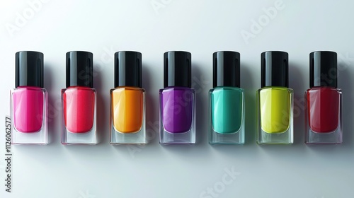 photorealistic minimalistic vibrant nail polish bottles arranged symmetrically on a smooth surface