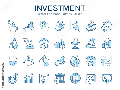 Investment icons such as currency exchange, financial goal, piggy bank and more. Vector illustration. Editable stroke. Change to any size and any color.