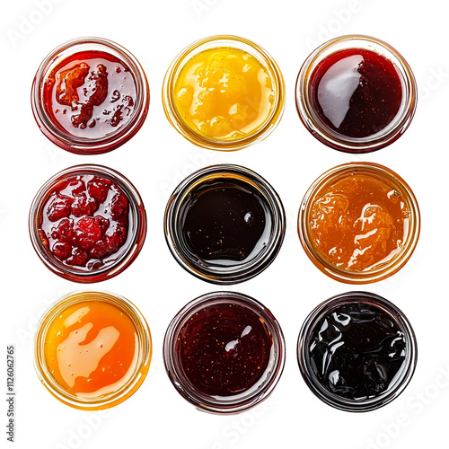 A variety of jam flavors arranged artistically on a surface, showcasing different textures and colors isolated on transparent background photo