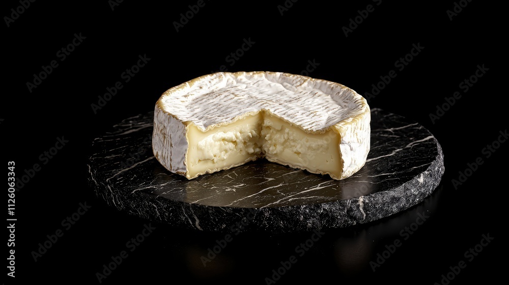 Creamy Brie Cheese on Dark Marble Surface Ideal for Culinary Photography and Gourmet Food Displays, Highlighting Texture and Rich Flavor Profiles for Stock Imagery Creamy Brie Cheese on Dark Marble Surface Ideal for Culinary Photography and Gourmet Food Displays, Highlighting Texture and Rich Flavor Profiles for Stock Imagery