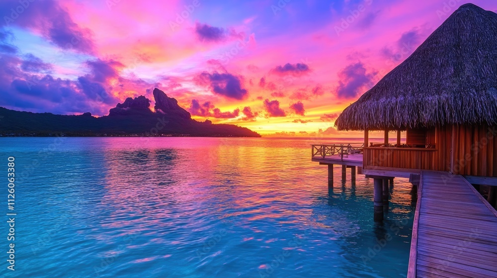 Obraz premium Sunset Over Water Villa in Tropical Paradise