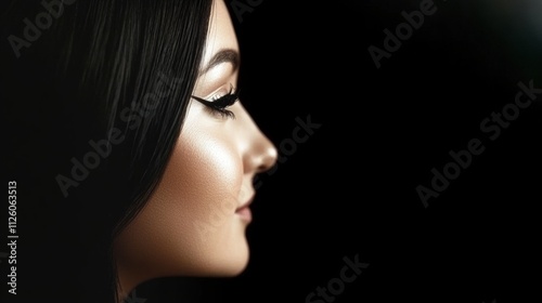 photorealistic minimalistic womanâ€™s side profile showing flawless foundation with an understated glow