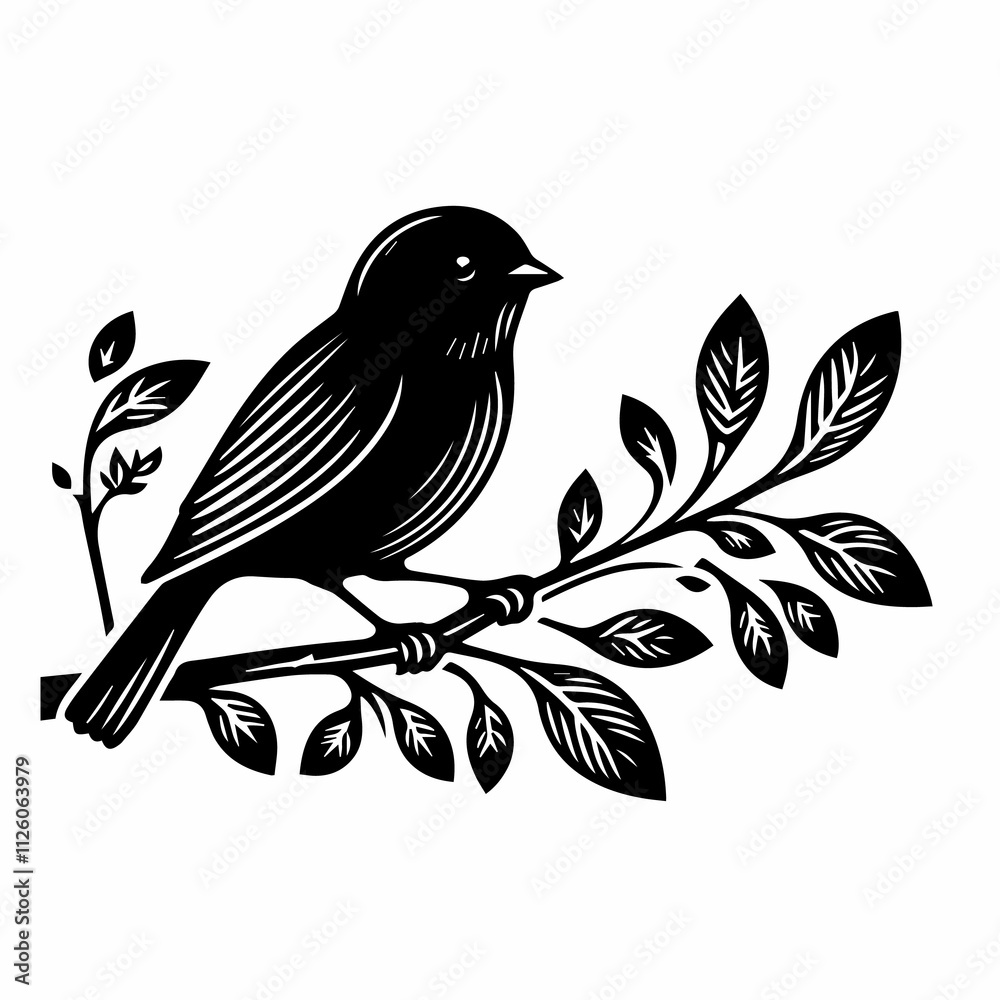 Bird sitting on a branch with leaves outline Silhouette Vector illustration Bird sitting on a branch with leaves outline Silhouette Vector illustration