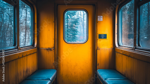 Interior of a vintage train compartment featuring a yellow door and blue benches