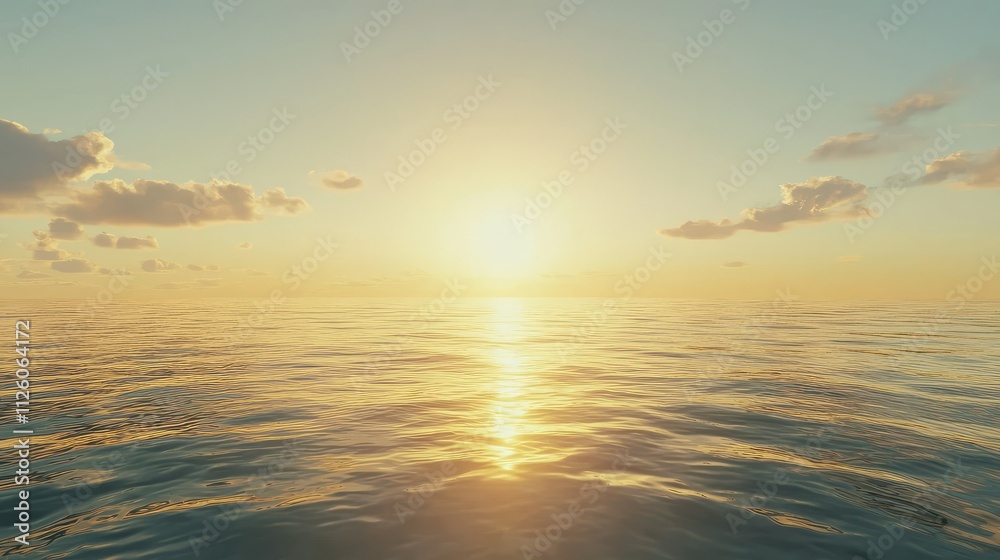 Obraz premium Serene Sunrise Over Calm Ocean Waters with Gentle Waves and Soft Clouds Reflecting Golden Light in the Peaceful Horizon of a New Day