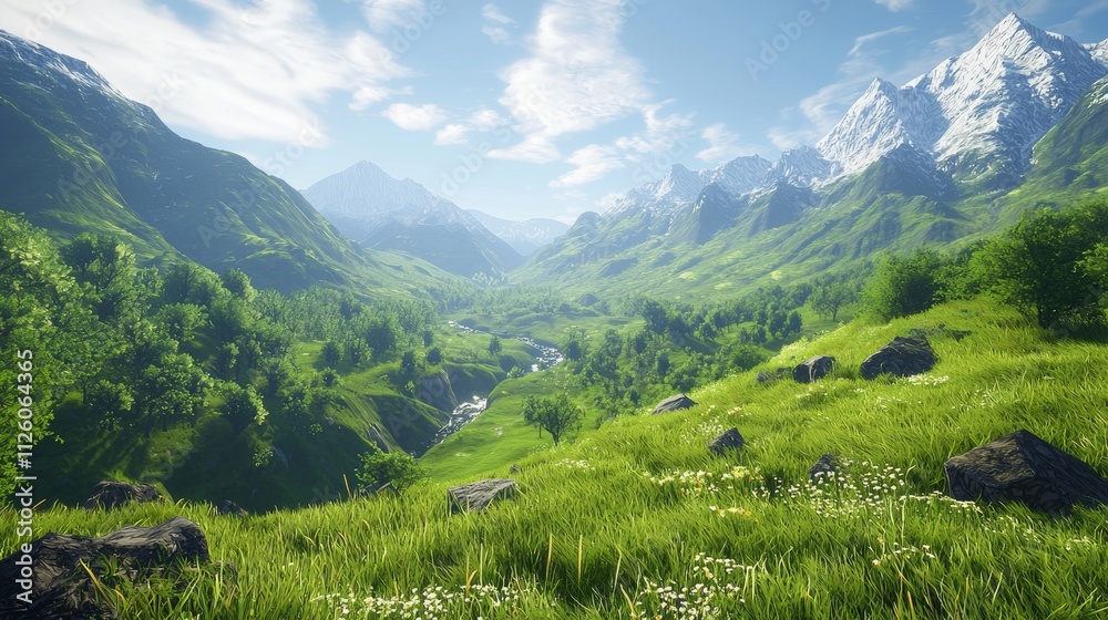 Fototapeta premium Lush green valley surrounded by majestic mountains under a bright blue sky at midday