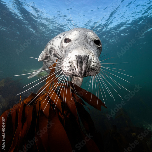 Eye level with a cute Grey seal (Halichoerus grypus) looking straight at us, resting his head on kelp. The whiskers are clearly visible.