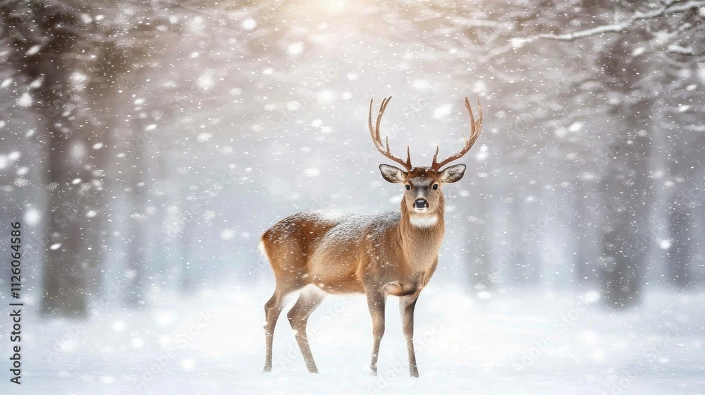 Majestic deer stands in snowy forest during winter snowfall with trees in the background Majestic deer stands in snowy forest during winter snowfall with trees in the background