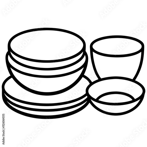 A fiestaware brightly colored dinnerware silhouette,line art vector icon illustration,fiestaware,dinnerware,plate,cup,mugs on white background.