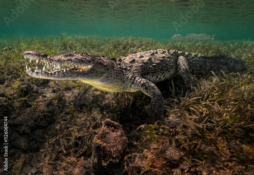Cuban crocodile (Crocodylus rhombifer) resting on the sea grass floor in a Mangrove swamp. The teeth are very visible.