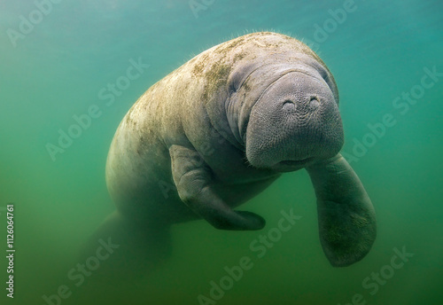 Eye level with a Florida Manatee (Trichechus) photographed underwater.