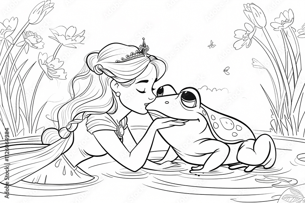 A young girl with long hair, kissing a frog in a serene pond surrounded by flowers, showcasing a magical fairy tale moment. A young girl with long hair, kissing a frog in a serene pond surrounded by flowers, showcasing a magical fairy tale moment.