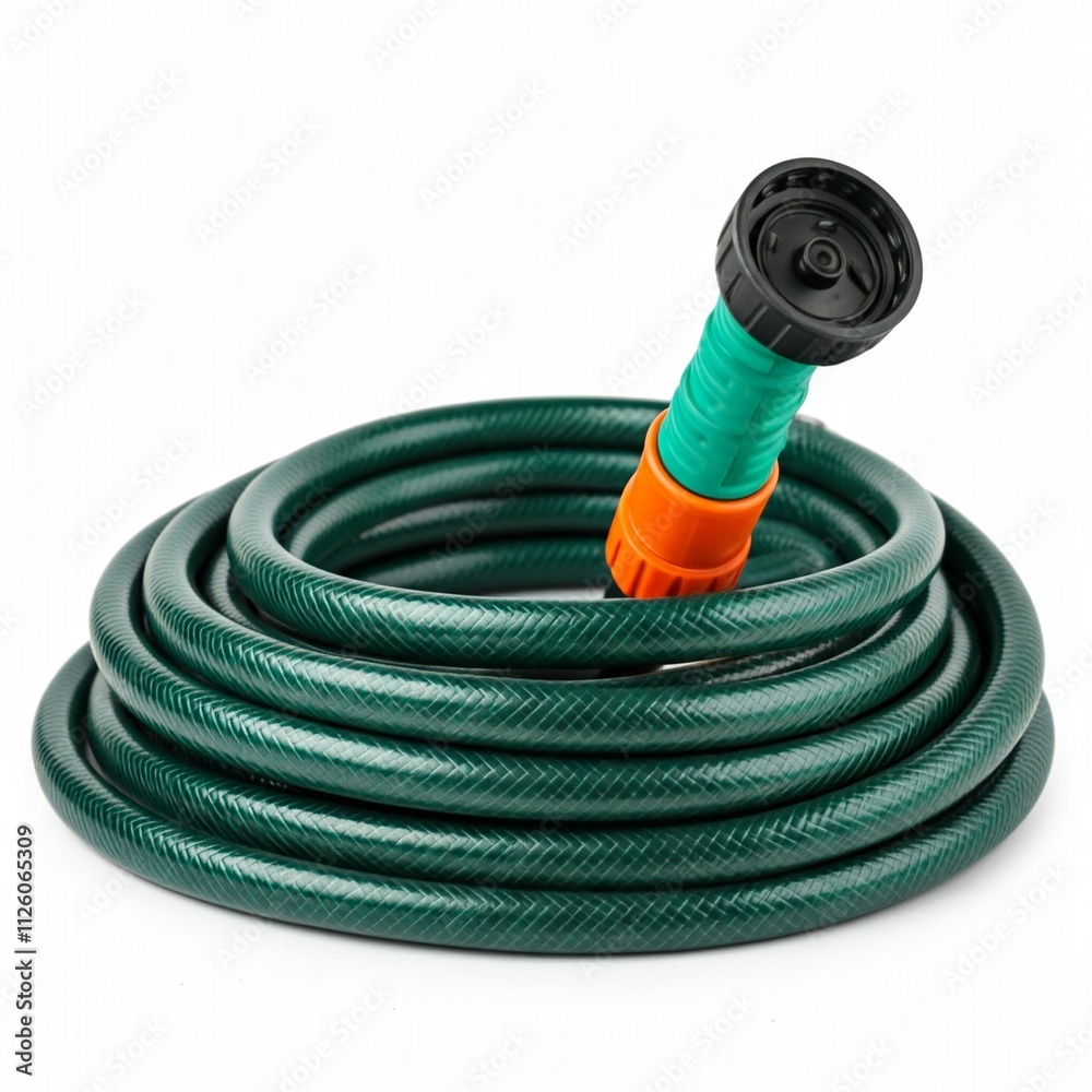green garden hose with nozzle close up shot isolated on white background green garden hose with nozzle close up shot isolated on white background