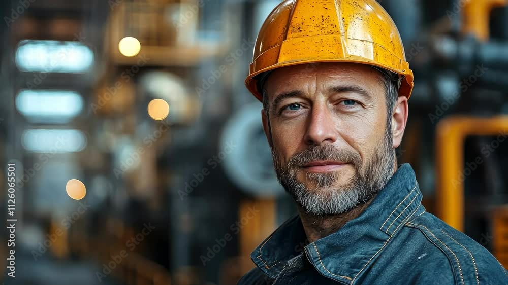 video portrait of a man in a yellow helmet against the background of a nuclear power plant, builder, engineer, industry, energy, construction, industrial worker, architect, job, foreman, contractor video portrait of a man in a yellow helmet against the background of a nuclear power plant, builder, engineer, industry, energy, construction, industrial worker, architect, job, foreman, contractor