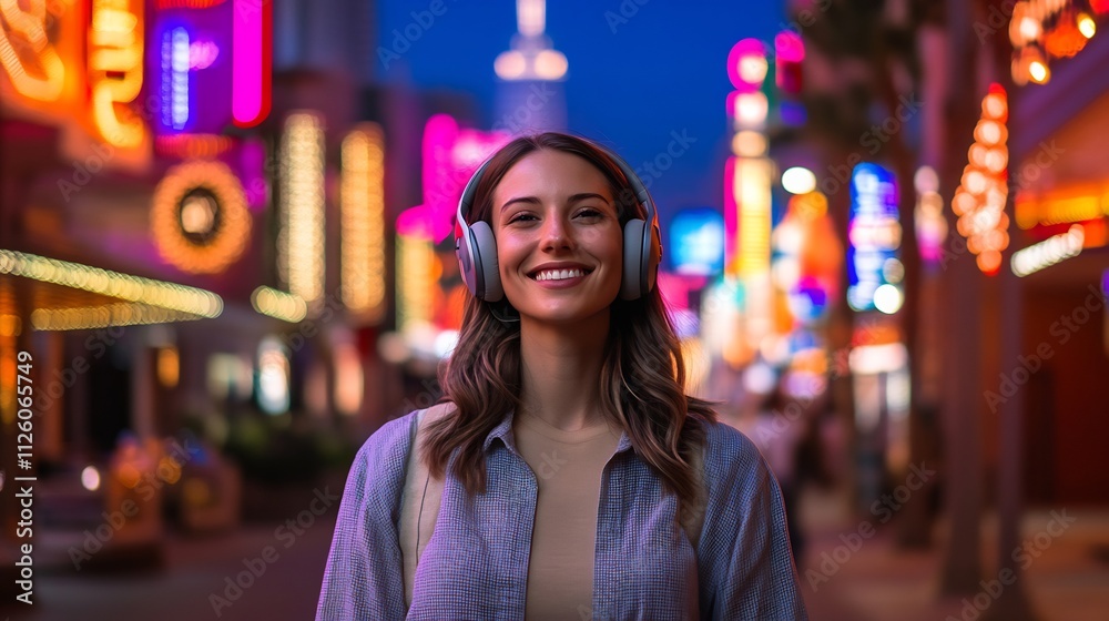 Stylish Woman Enjoying Night City Atmosphere with Headphones and Neon Lights Stylish Woman Enjoying Night City Atmosphere with Headphones and Neon Lights