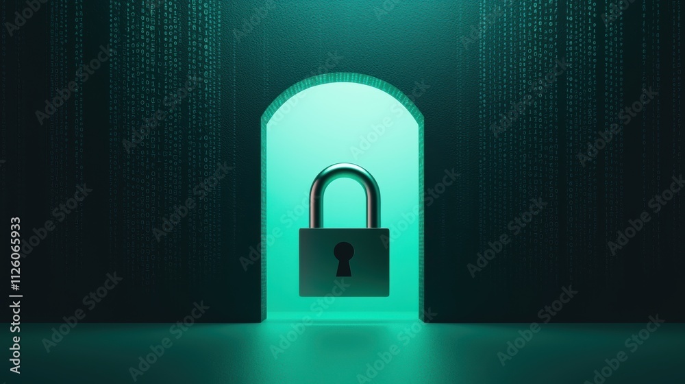 Digital security concept padlock icon in dark data corridor Digital security concept padlock icon in dark data corridor