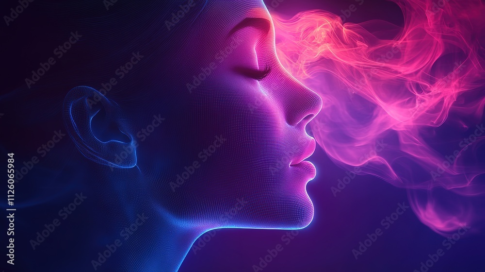 Obraz premium abstract digital face, science, technology, AI, artificial intelligence, neural networks, D concept, glowing, modern design, profile silhouette, colorful background, purple, blue , 8k image