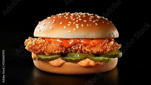 Wallpaper Mural Delicious crispy fried chicken sandwich with sesame seed bun, tangy sauce, pickles, and creamy spread against a dark background for appetizing food photography Torontodigital.ca