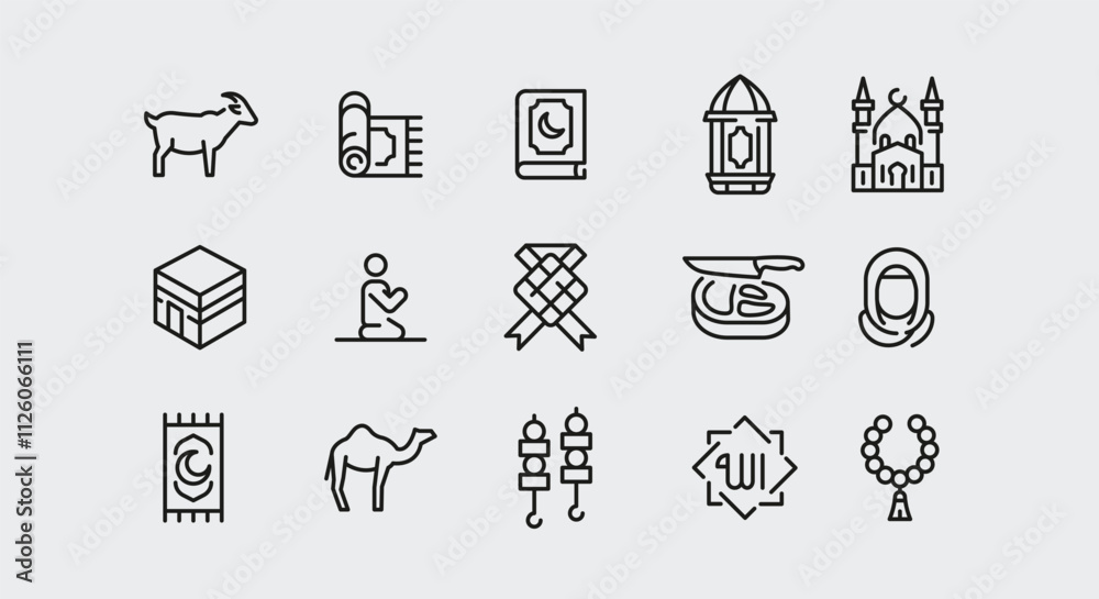 Ramadan icons. Set of 15 trendy minimal icons. Example: Camel, Arabic Arch, Oil Rig, Kaaba icon. Design signs for web page, mobile app, packaging design. Vector illustration. Ramadan icons. Set of 15 trendy minimal icons. Example: Camel, Arabic Arch, Oil Rig, Kaaba icon. Design signs for web page, mobile app, packaging design. Vector illustration.