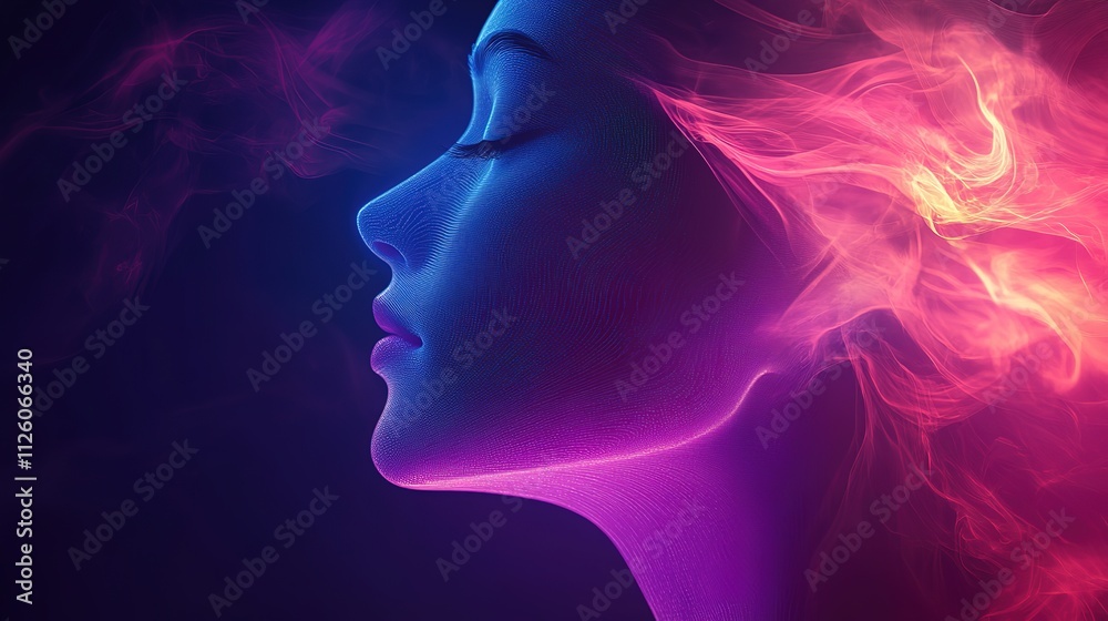 abstract digital face, science, technology, AI, artificial intelligence, neural networks, D concept, glowing, modern design, profile silhouette, colorful background, purple, blue , 8k image abstract digital face, science, technology, AI, artificial intelligence, neural networks, D concept, glowing, modern design, profile silhouette, colorful background, purple, blue , 8k image