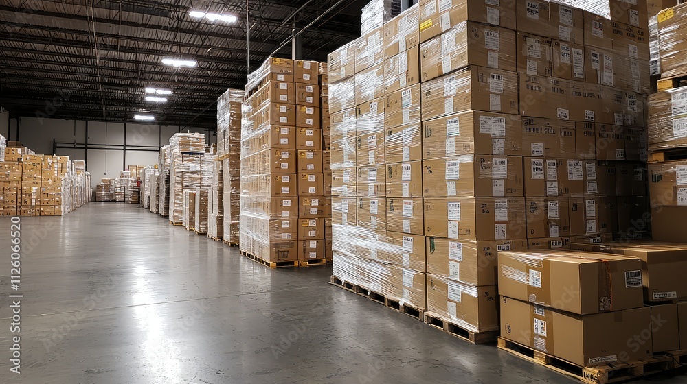 Warehouse Interior with Stacked Boxes on Pallets Under Bright Lights, Showcasing a Systematic and Organized Storage Space in a Commercial Setting Warehouse Interior with Stacked Boxes on Pallets Under Bright Lights, Showcasing a Systematic and Organized Storage Space in a Commercial Setting