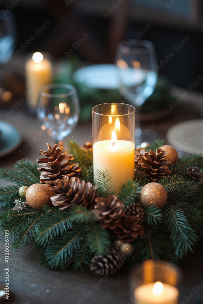 A table with candles and pine cones on it A table with candles and pine cones on it